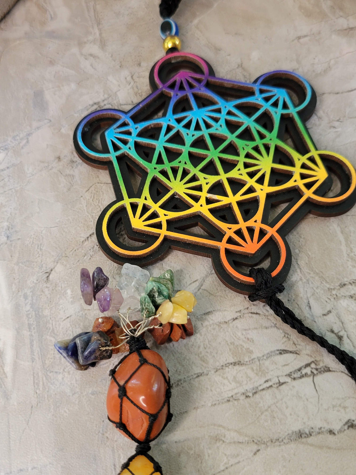 Tie dye wooden 7 chakra metatron wall/car hanging with tumble stones