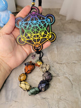 Tie dye wooden 7 chakra metatron wall/car hanging with tumble stones