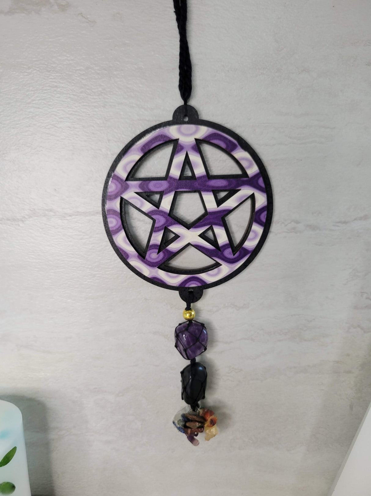 Pentagram tie dye wooden wall/car hanging w/ tumble stones