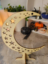 Wooden ornaments, wood tabletop decoration, moon with star, witchy decor