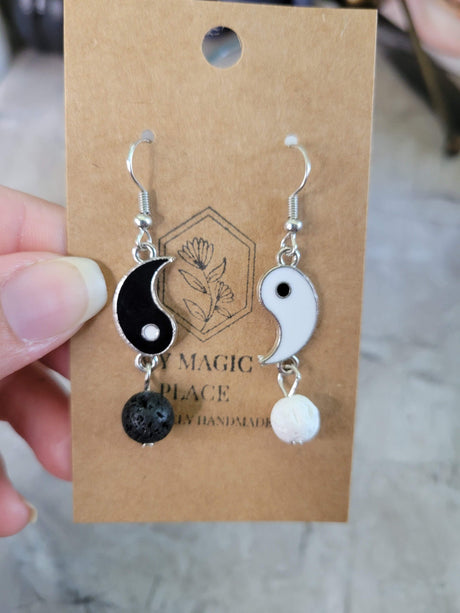 Yin yang matching asymmetrical earrings, brass dangle earrings with natural lava rock for women