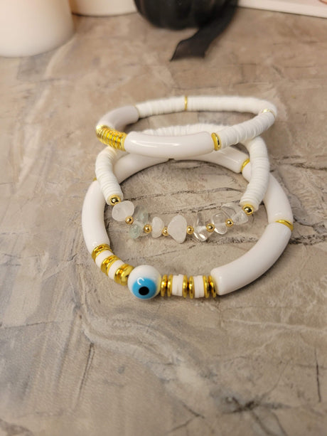 Evil Eye & Quartz Crystal Chip Bracelet Set - Handmade