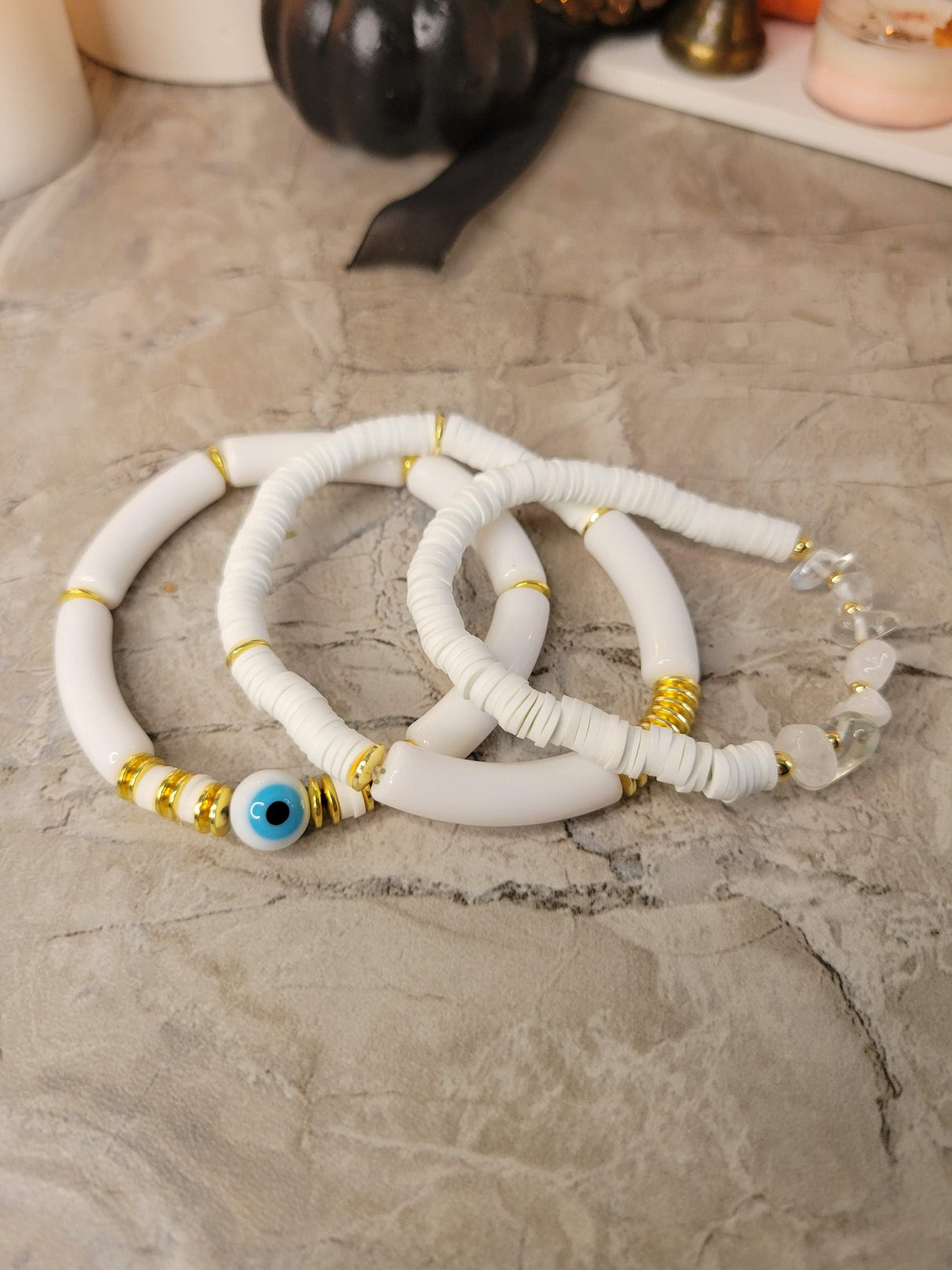 Evil Eye & Quartz Crystal Chip Bracelet Set - Handmade