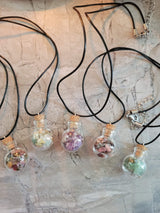Glass wishing bottle leather cord pendant necklaces, with natural gemstone chip beads