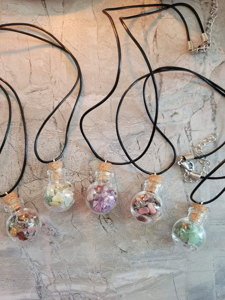 Glass wishing bottle leather cord pendant necklaces, with natural gemstone chip beads