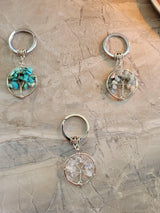 Natural and synthetic mixed stone keychain, flat round with tree of life