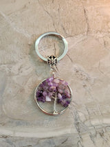 Natural and synthetic mixed stone keychain, flat round with tree of life