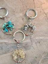 Natural and synthetic mixed stone keychain, flat round with tree of life
