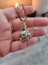 Glass wishing bottle leather cord pendant necklaces, with natural gemstone chip beads