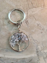 Natural and synthetic mixed stone keychain, flat round with tree of life