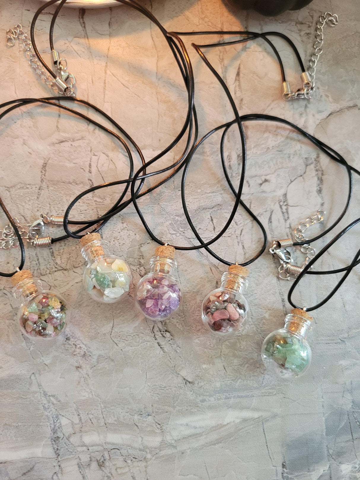 Glass wishing bottle leather cord pendant necklaces, with natural gemstone chip beads
