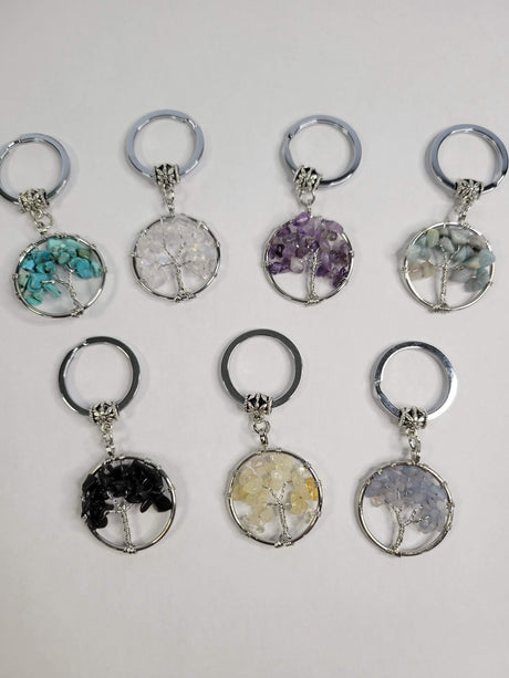 Natural and synthetic mixed stone keychain, flat round with tree of life