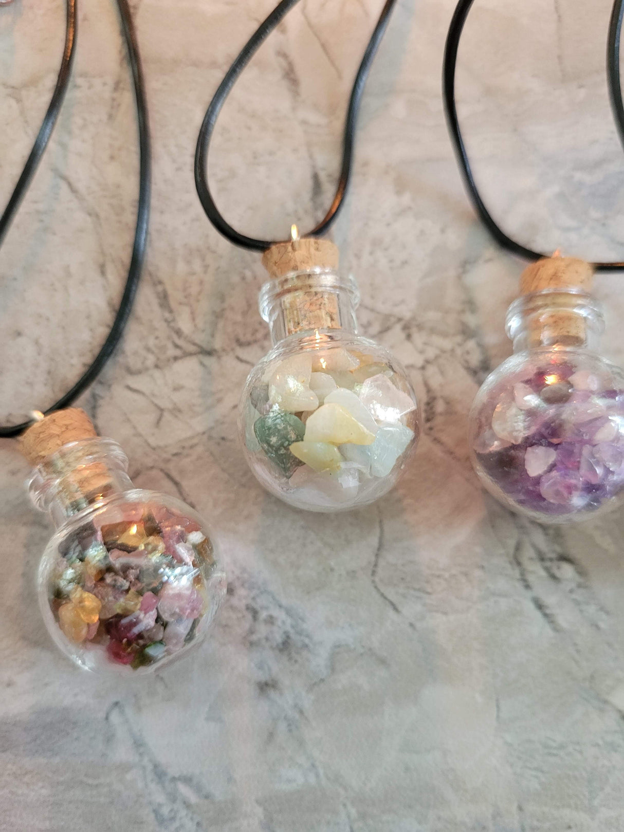 Glass wishing bottle leather cord pendant necklaces, with natural gemstone chip beads