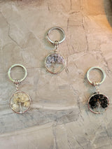 Natural and synthetic mixed stone keychain, flat round with tree of life