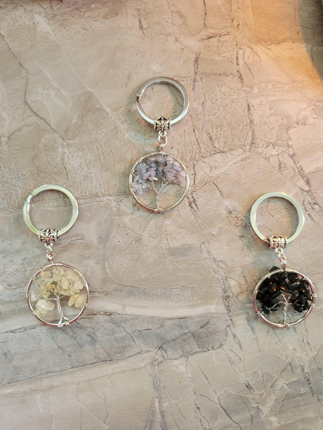 Natural and synthetic mixed stone keychain, flat round with tree of life