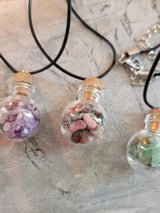 Glass wishing bottle leather cord pendant necklaces, with natural gemstone chip beads