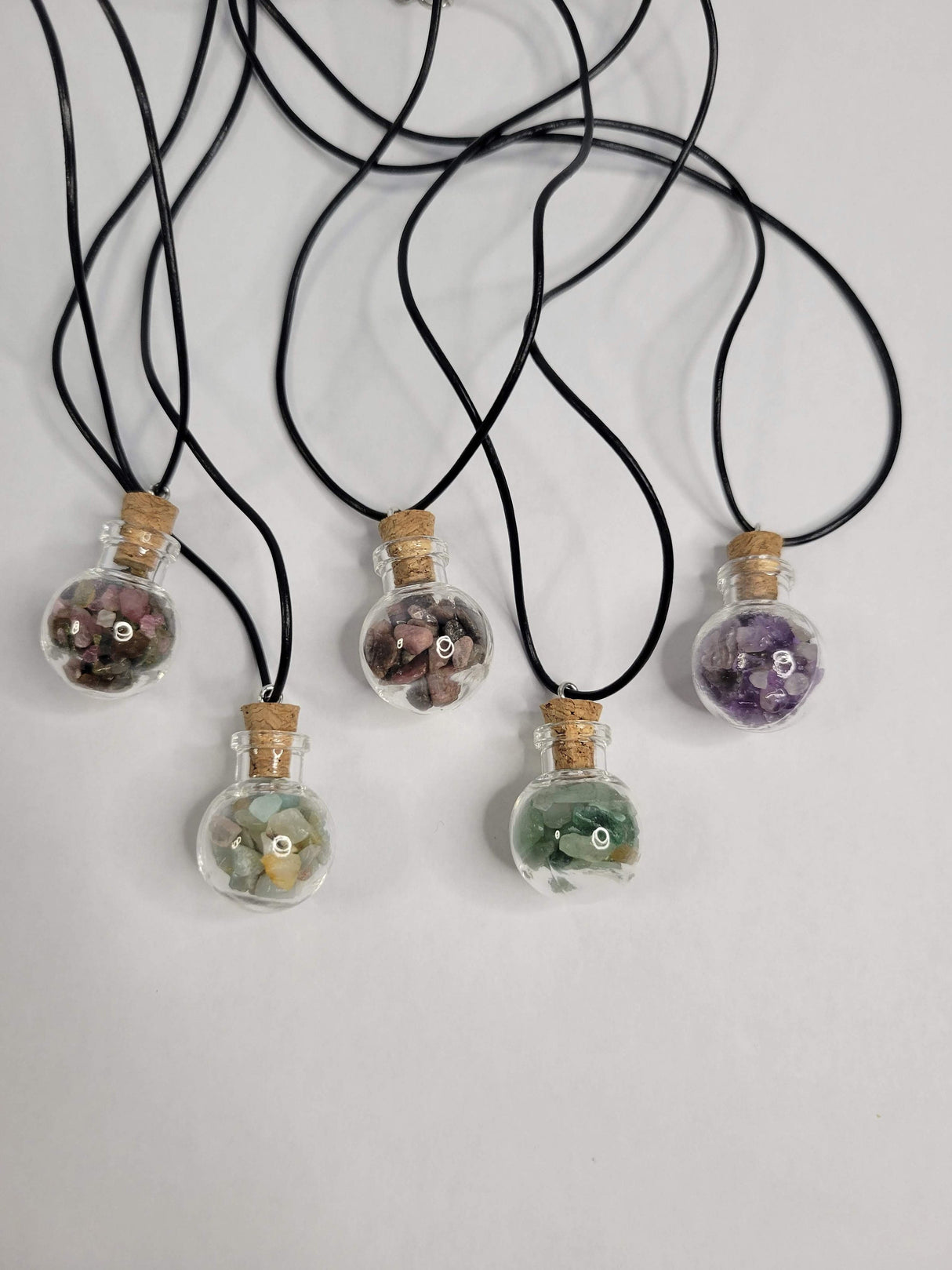 Glass wishing bottle leather cord pendant necklaces, with natural gemstone chip beads