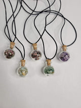 Glass wishing bottle leather cord pendant necklaces, with natural gemstone chip beads