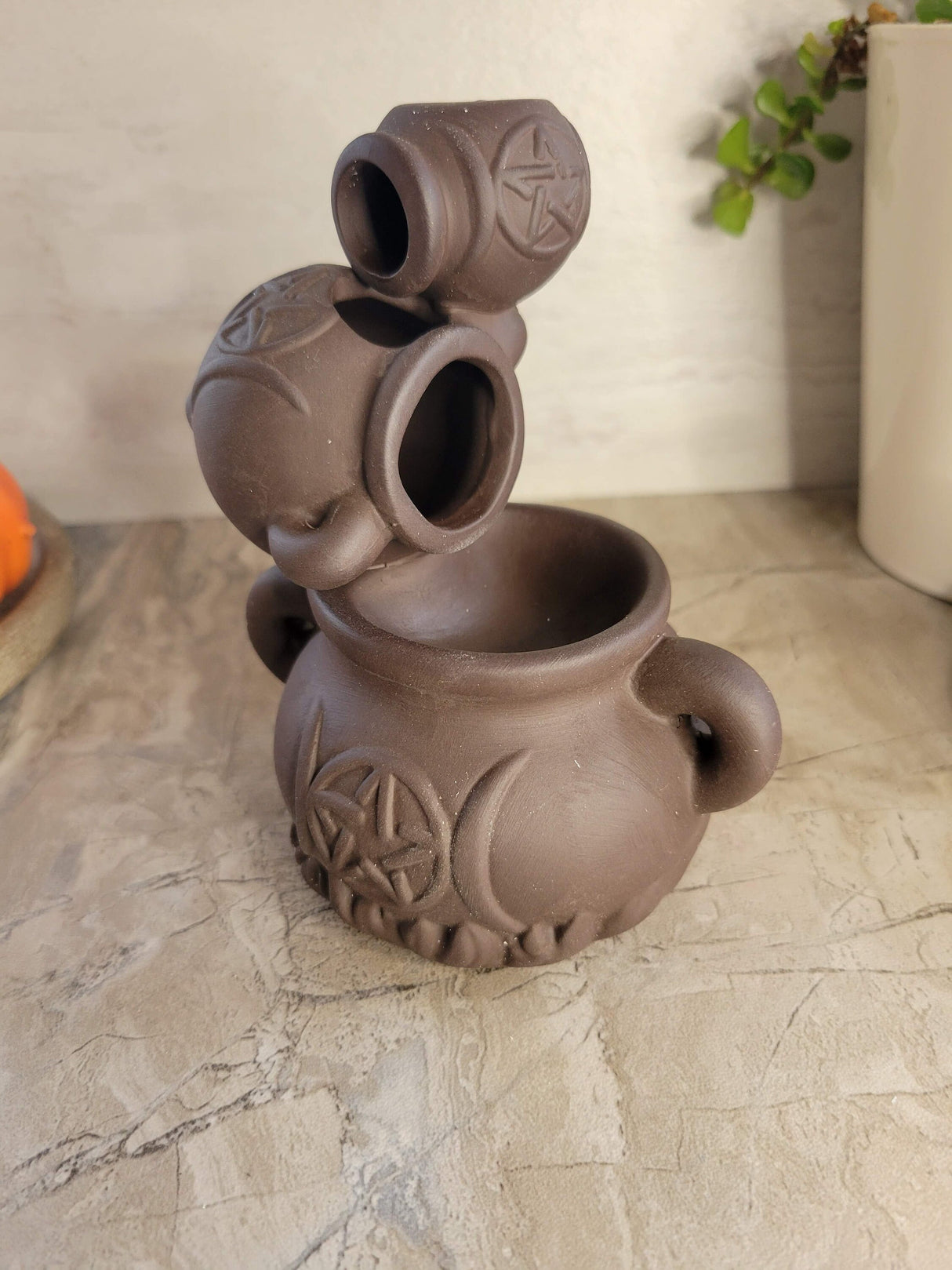 Handmade ceramic cauldron triple moon back flow incense burner for meditation, altar decoration