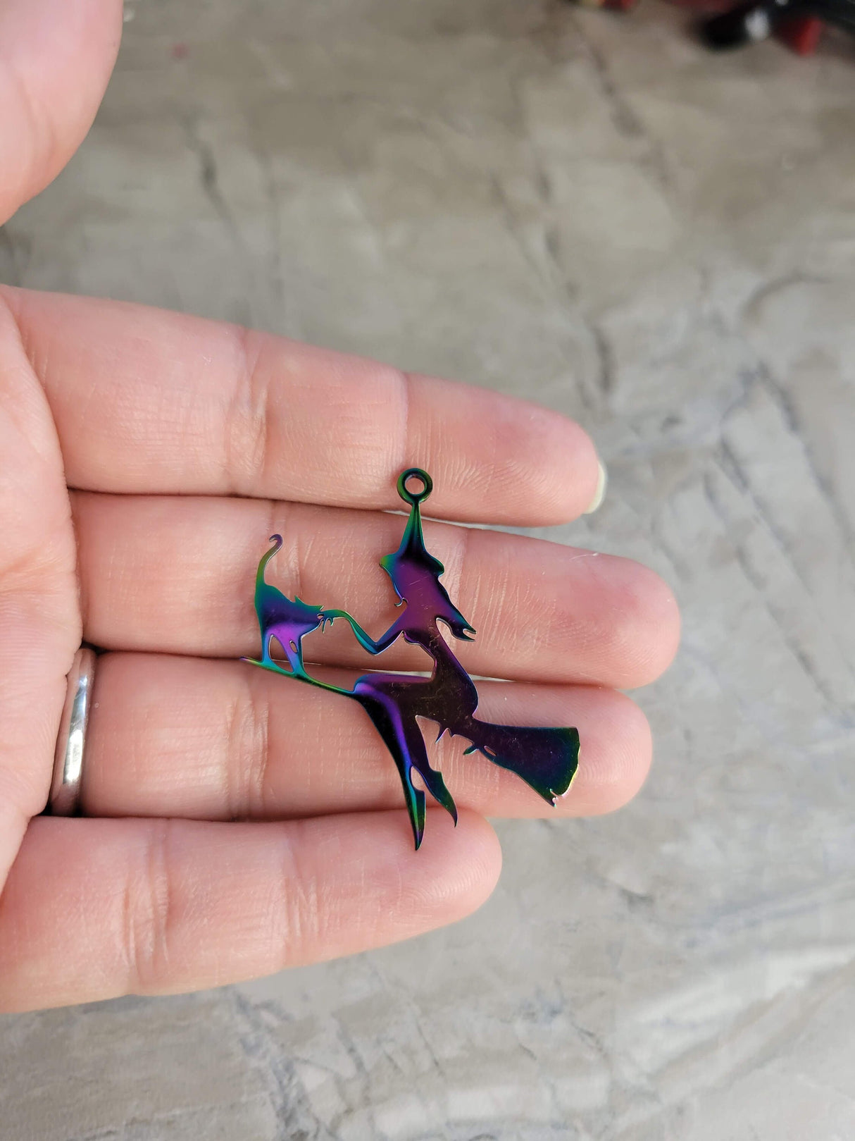 Witch with cat stainless steel pendant Silver Gold Rainbow color , witch on broomstick