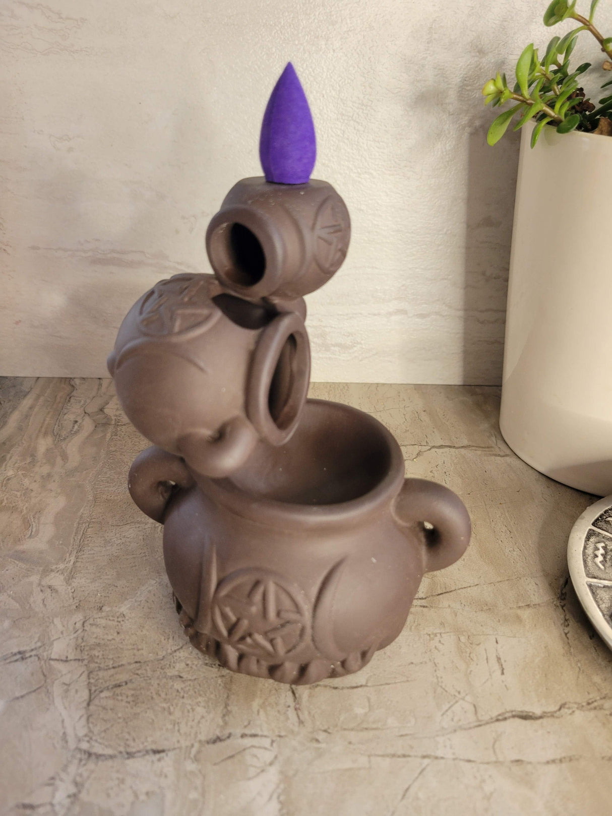 Handmade ceramic cauldron triple moon back flow incense burner for meditation, altar decoration