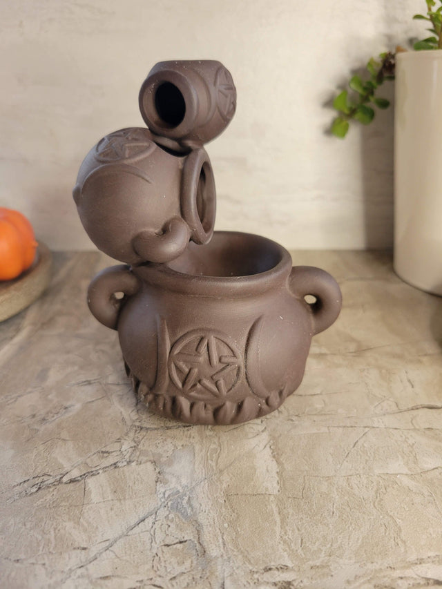 Handmade ceramic cauldron triple moon back flow incense burner for meditation, altar decoration