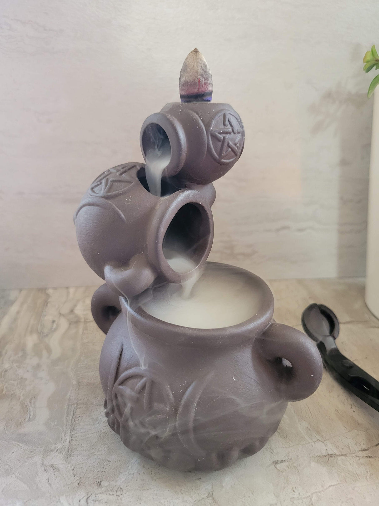 Handmade ceramic cauldron triple moon back flow incense burner for meditation, altar decoration