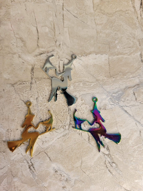 Witch with cat stainless steel pendant Silver Gold Rainbow color , witch on broomstick