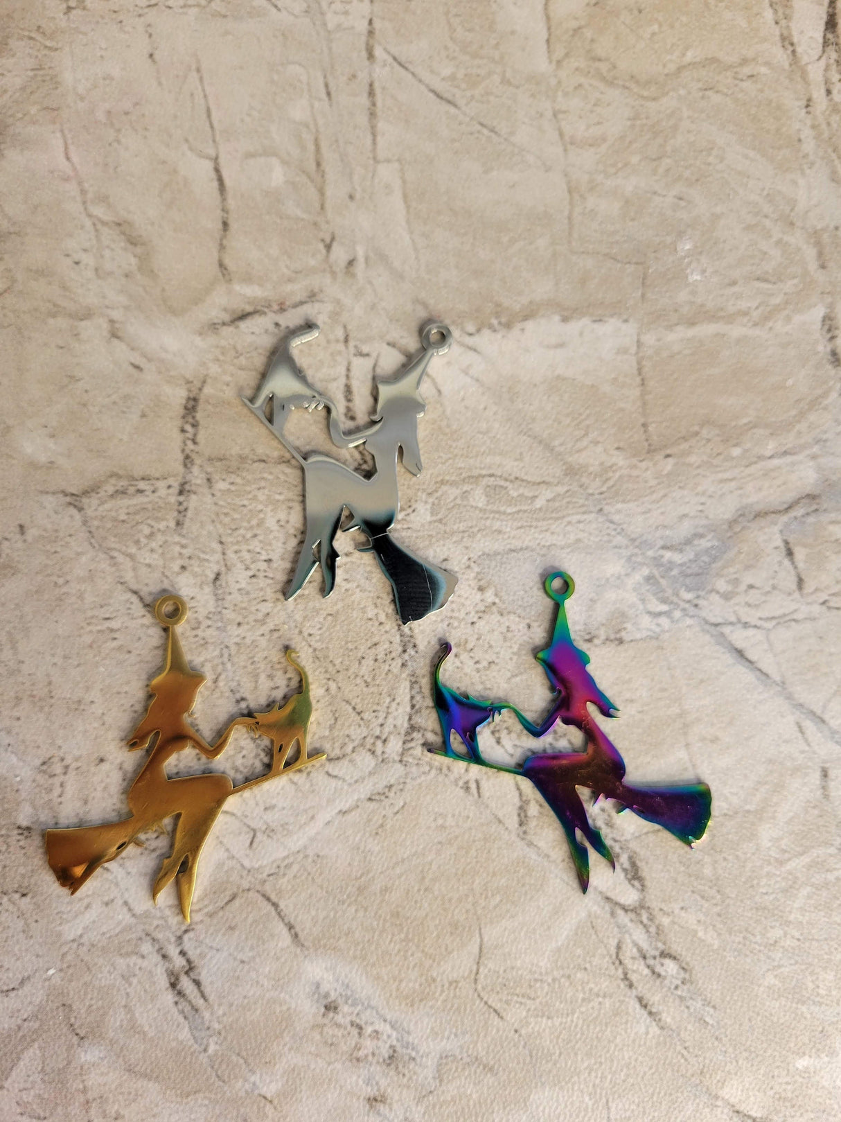 Witch with cat stainless steel pendant Silver Gold Rainbow color , witch on broomstick