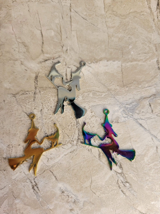 Witch with cat stainless steel pendant Silver Gold Rainbow color , witch on broomstick