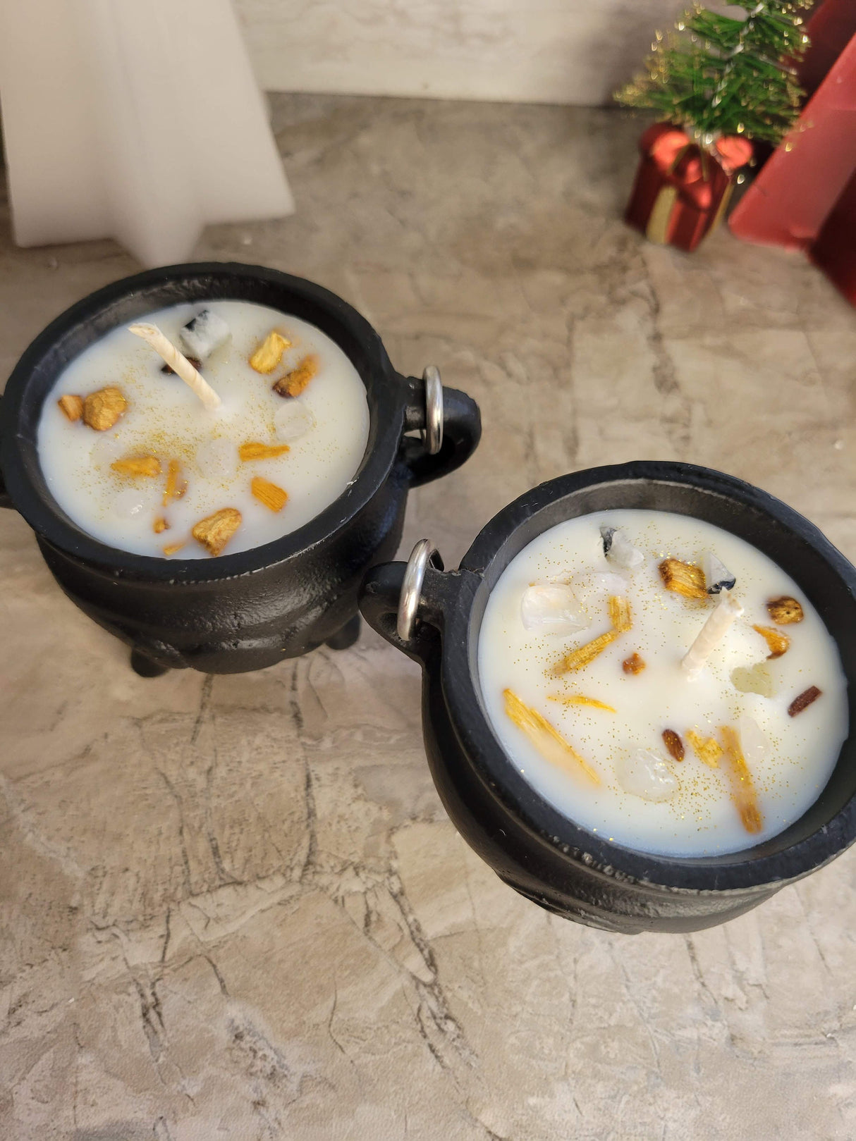 Triple Moon Cauldron Candle: Palo Santo Soy Wax, Clear Quartz Crystal