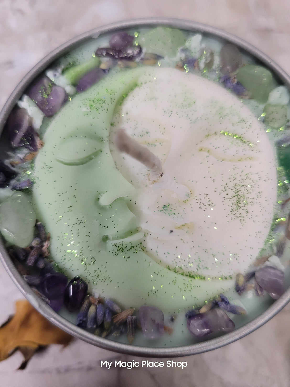 Moon Romance Soy Candle: Lavender Sage Rosemary Scent, Amethyst & Aventurine Crystals