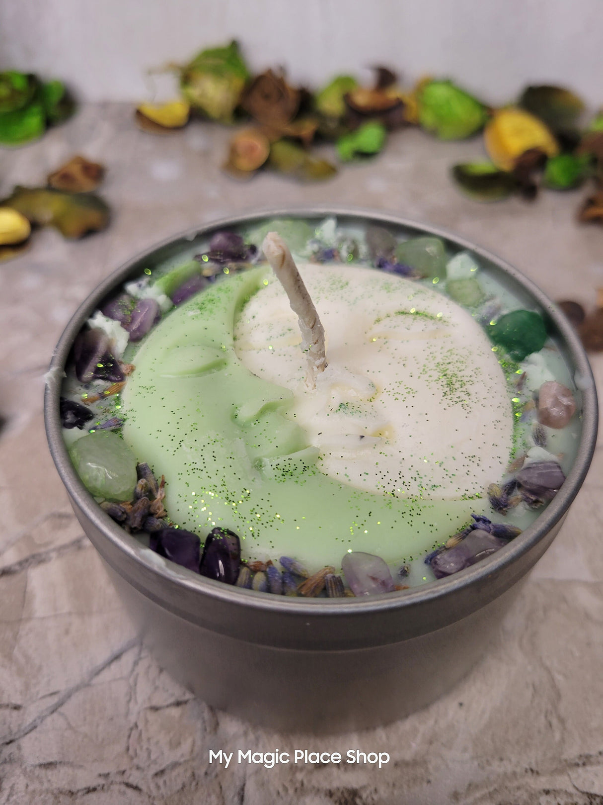 Moon Romance Soy Candle: Lavender Sage Rosemary Scent, Amethyst & Aventurine Crystals