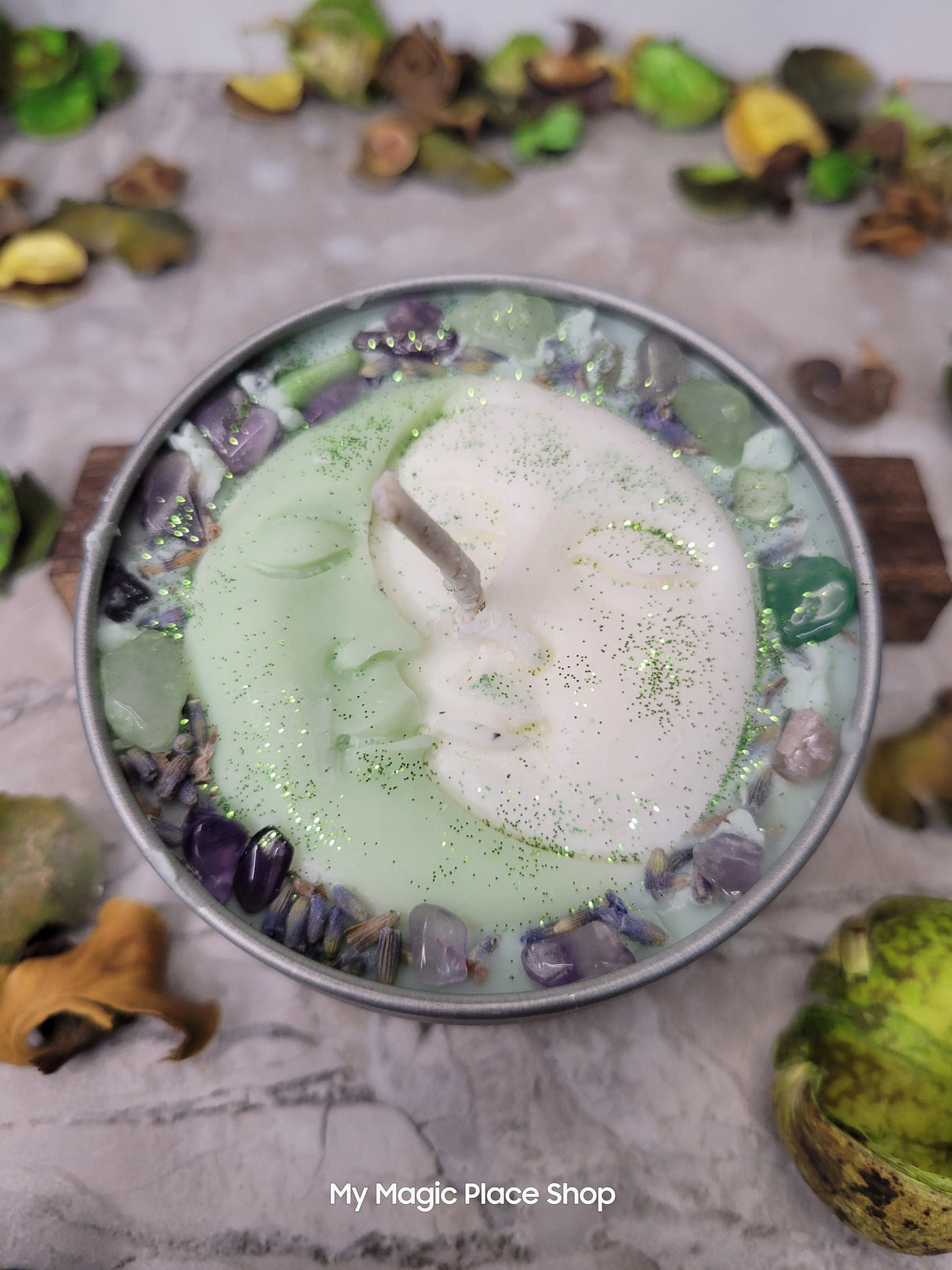 Moon Romance Soy Candle: Lavender Sage Rosemary Scent, Amethyst & Aventurine Crystals
