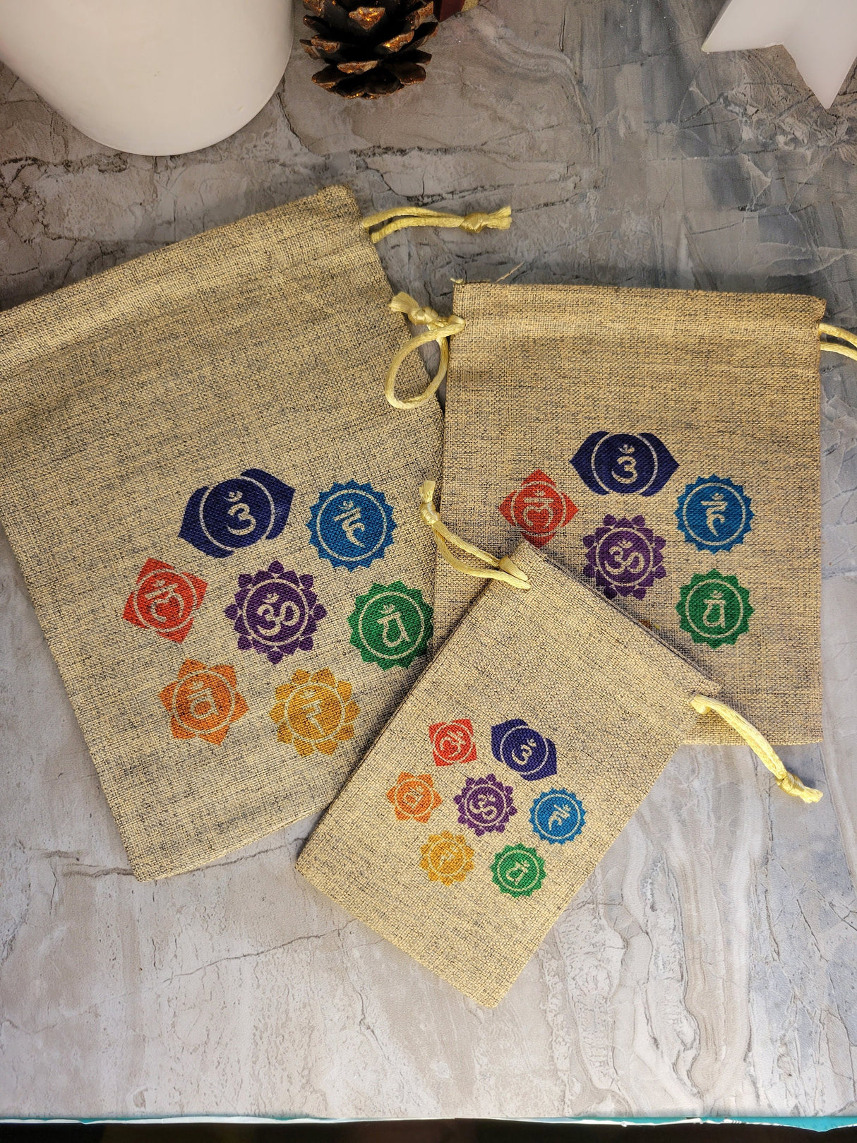 Handmade Seven Chakra Jute Pouch Set of 3