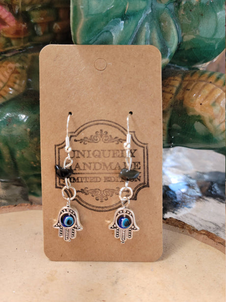 Evil Eye Hamsa Earrings: Black Tourmaline Crystal Protection