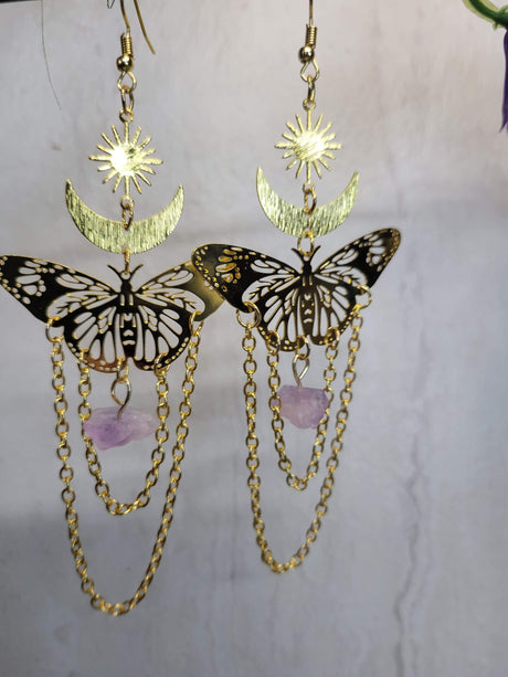 Amethyst Butterfly Dangle Earrings: Sun & Moon Celestial Jewelry