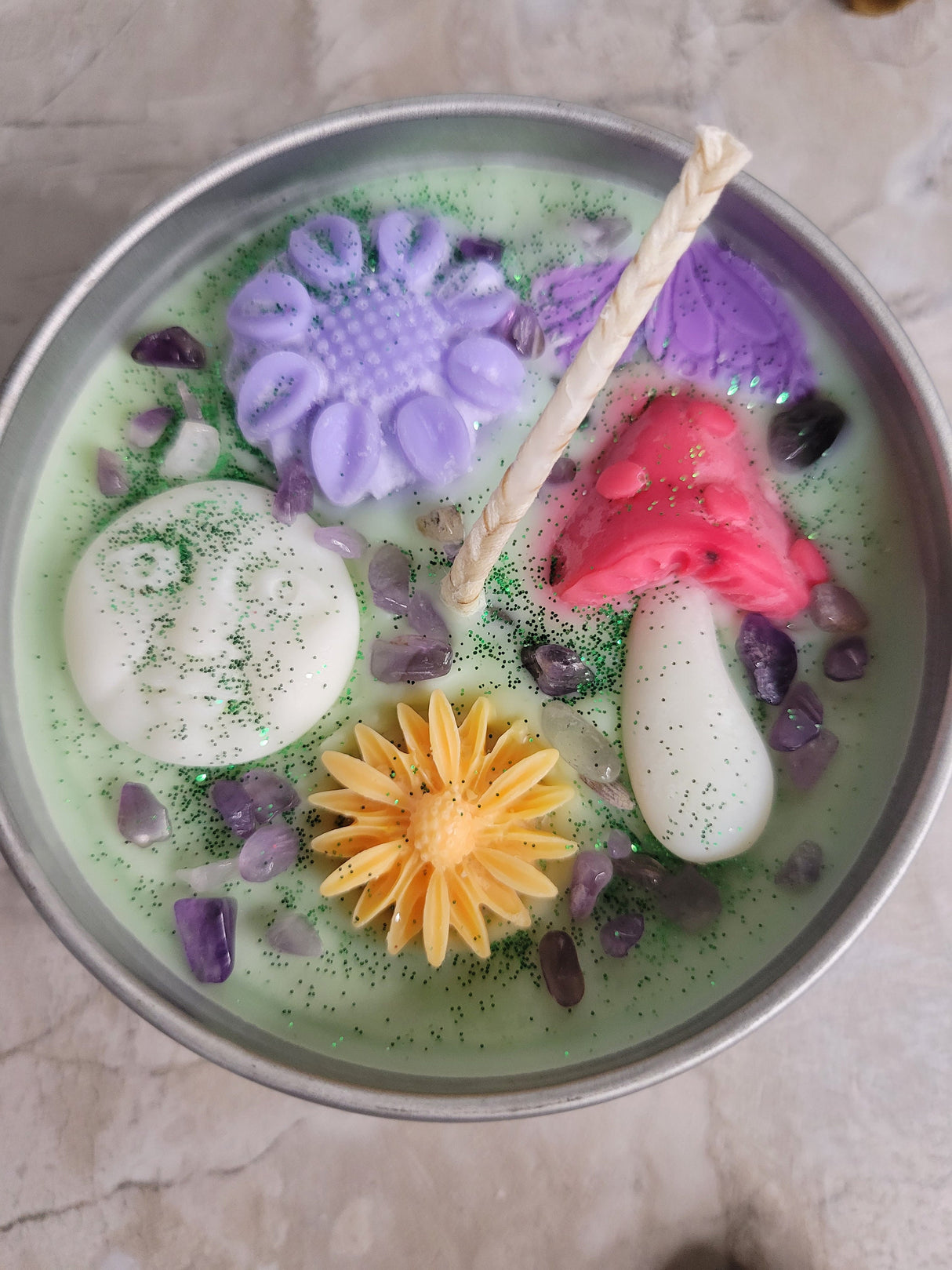 Enchanted Garden Soy Candle: Moon, Crystals, Lavender Sage Rosemary