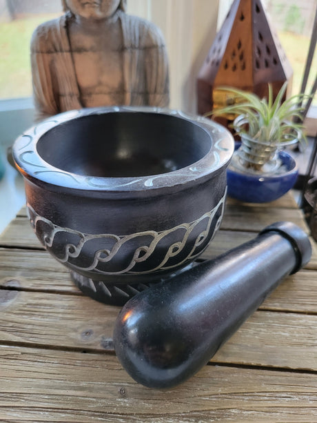 Black Mortar and Pestle, Soapstone Herb Grinder Handmade Mortar