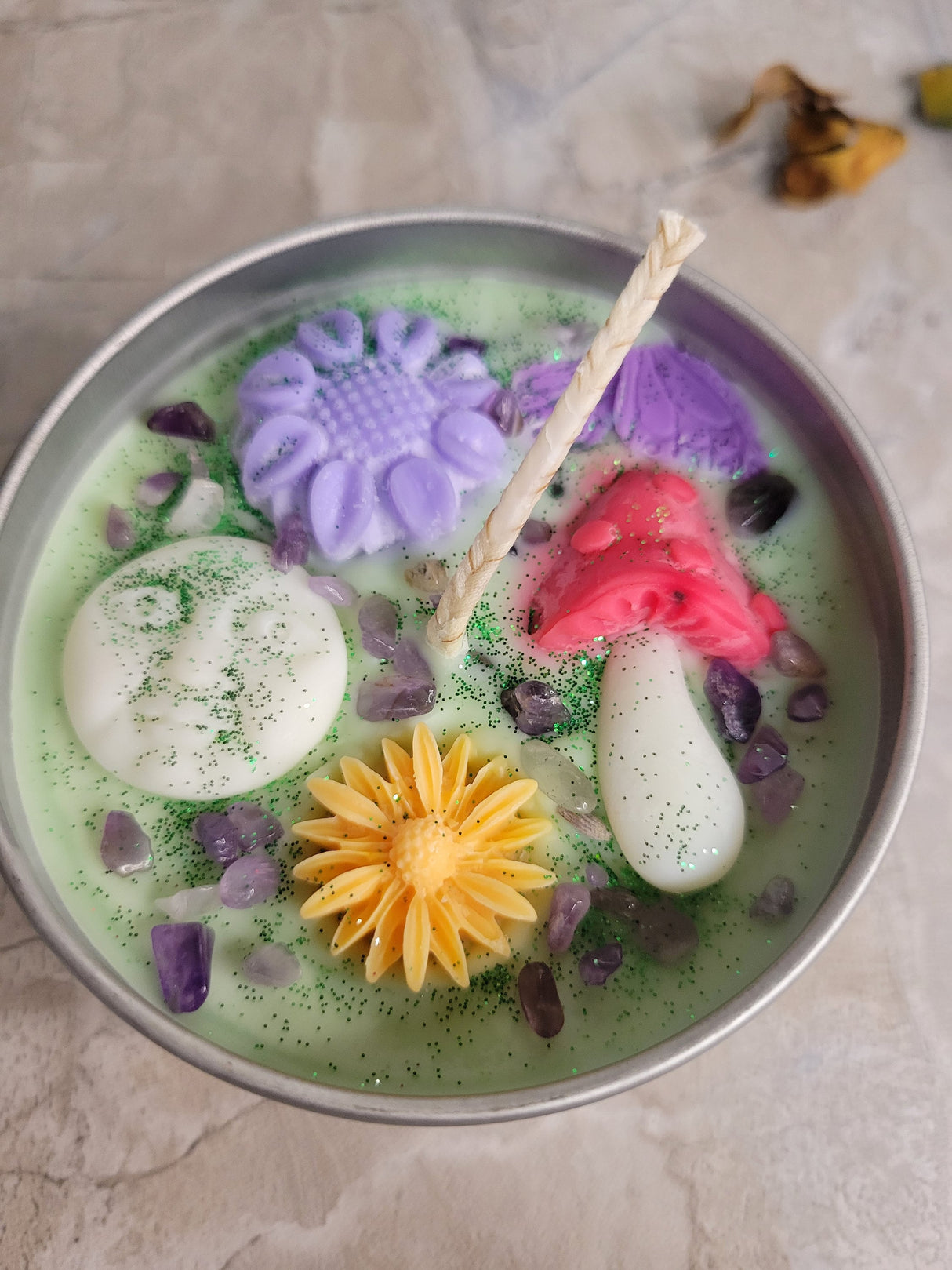 Enchanted Garden Soy Candle: Moon, Crystals, Lavender Sage Rosemary