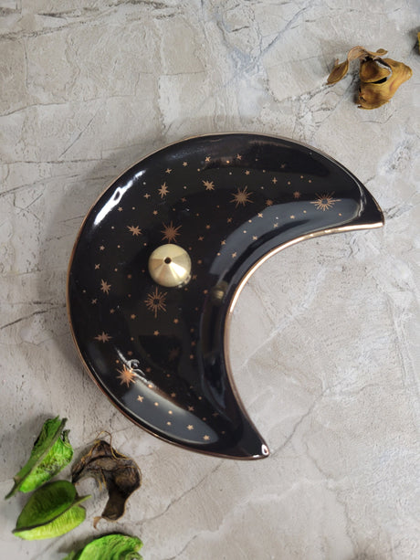 Ceramic Moon Incense Burner Plate: Celestial Altar Decoration