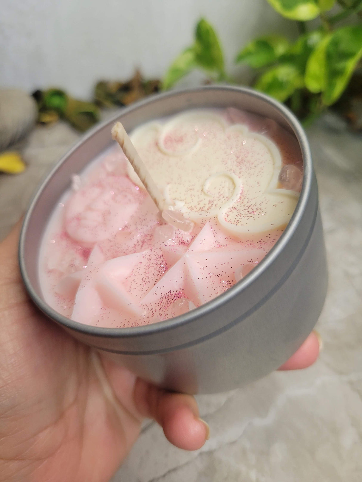 Celestial Pink Moon Soy Candle: Black Amber Lavender Scented, Crystal Chips