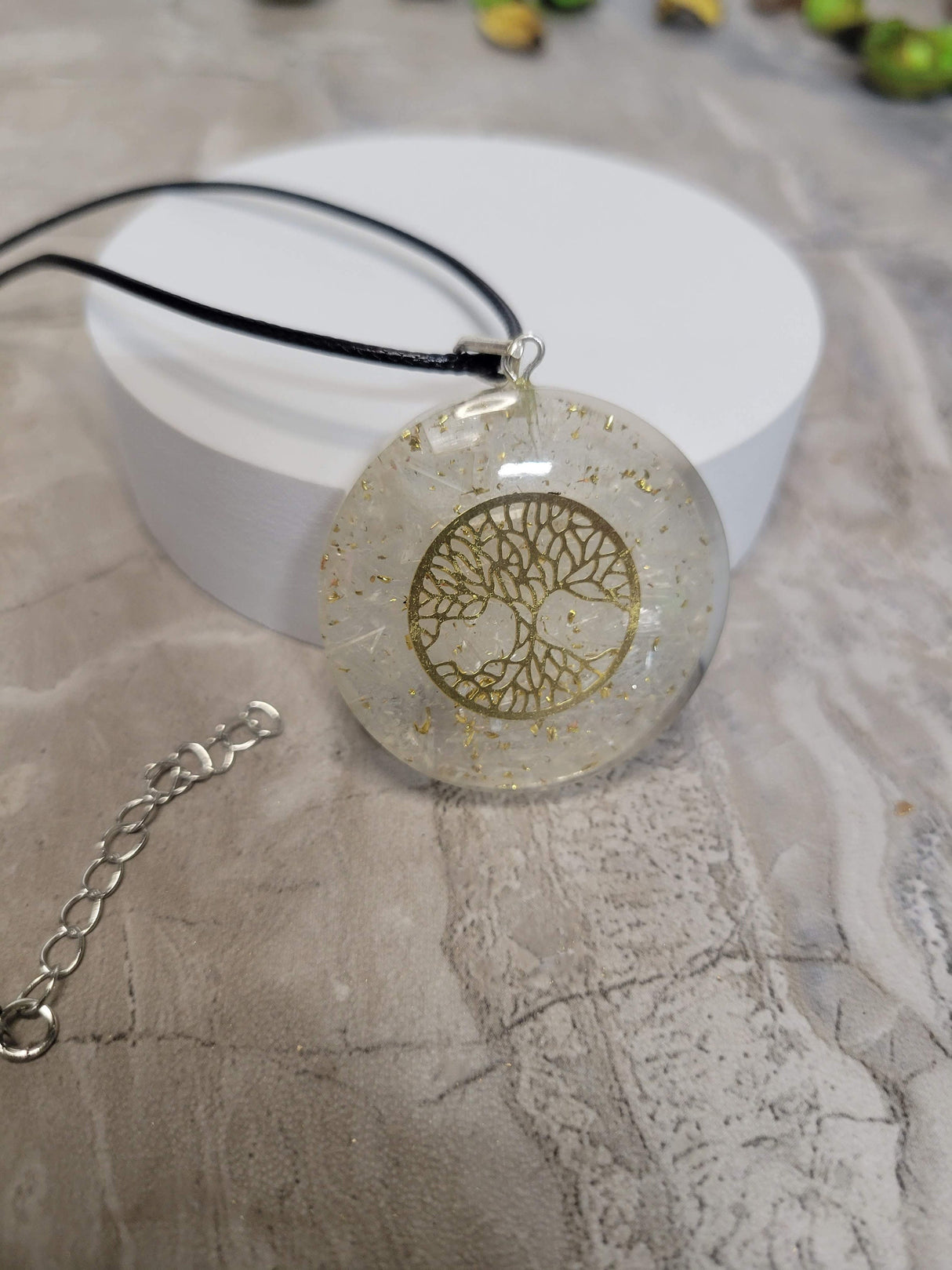 Handmade Selenite Tree of Life round 7 chakra Orgone Energy Pendant 1.5"