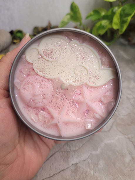 Celestial Pink Moon Soy Candle: Black Amber Lavender Scented, Crystal Chips