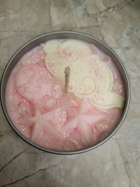Celestial Pink Moon Soy Candle: Black Amber Lavender Scented, Crystal Chips