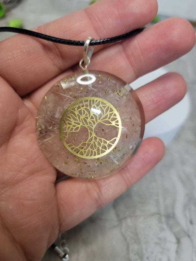 Handmade Selenite Tree of Life round 7 chakra Orgone Energy Pendant 1.5"
