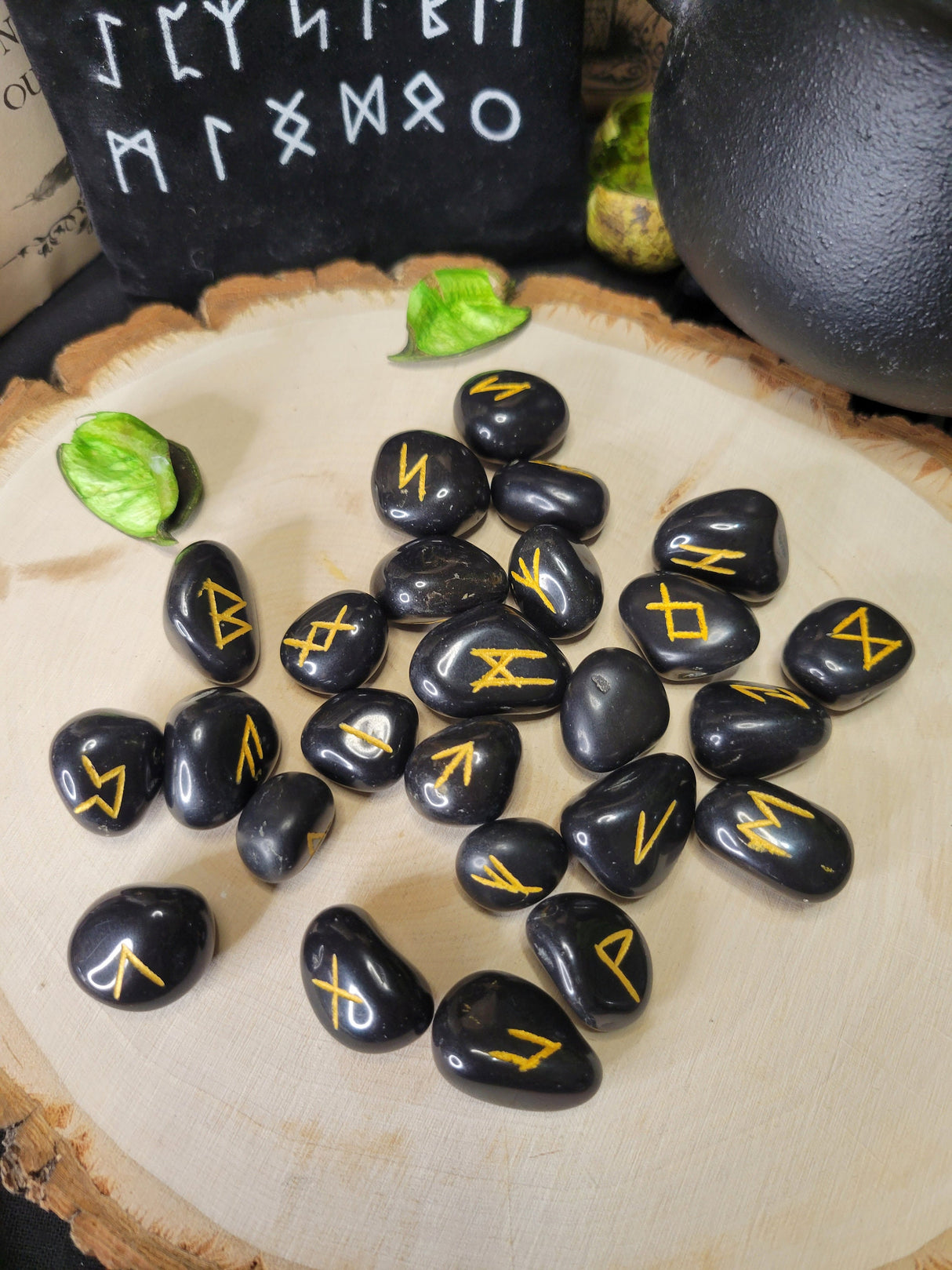 Black Agate Runestone Set (25 Stone Set) with Pouch