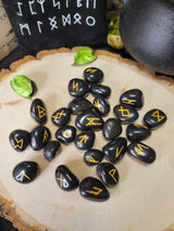 Black Agate Runestone Set (25 Stone Set) with Pouch