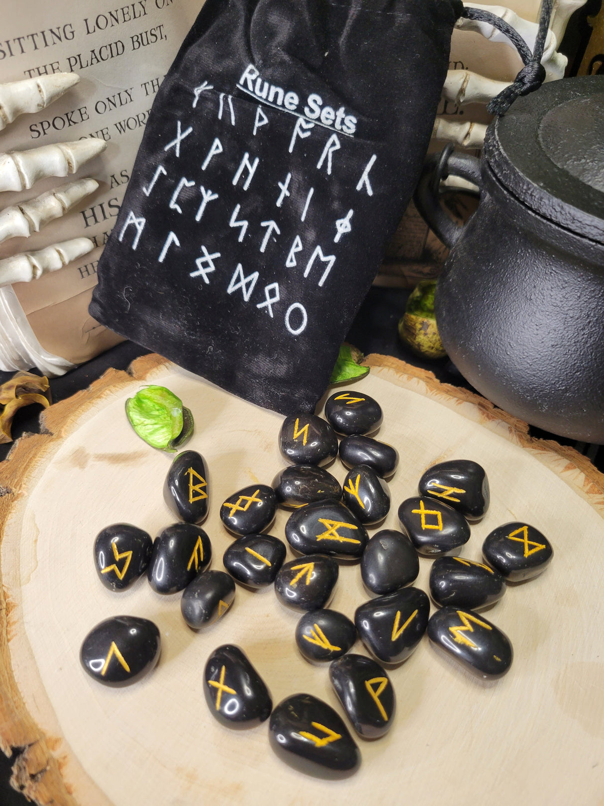 Black Agate Runestone Set (25 Stone Set) with Pouch