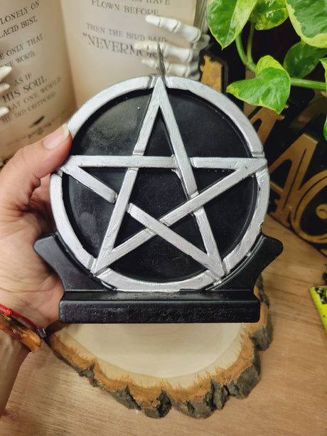 Pentagram Altar Candle: Black & Silver Wiccan Decor
